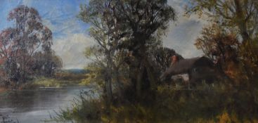JOEL OWEN oil on canvas, a pair - river scene landscapes, signed and dated 1917, 19 x 38cms