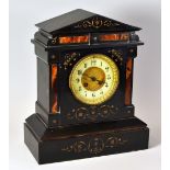 A VICTORIAN SLATE & MARBLE MANTEL CLOCK of architectural form, decorated with floral etching and