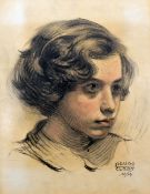 AGUDO CLARA a trio of charcoal and chalk drawings on brown paper - portraits of young ladies, signed