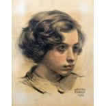 AGUDO CLARA a trio of charcoal and chalk drawings on brown paper - portraits of young ladies, signed