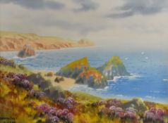 A J ILES gouache - English coastal scene, entitled 'Cornish Coast', signed, 29 x 39cms