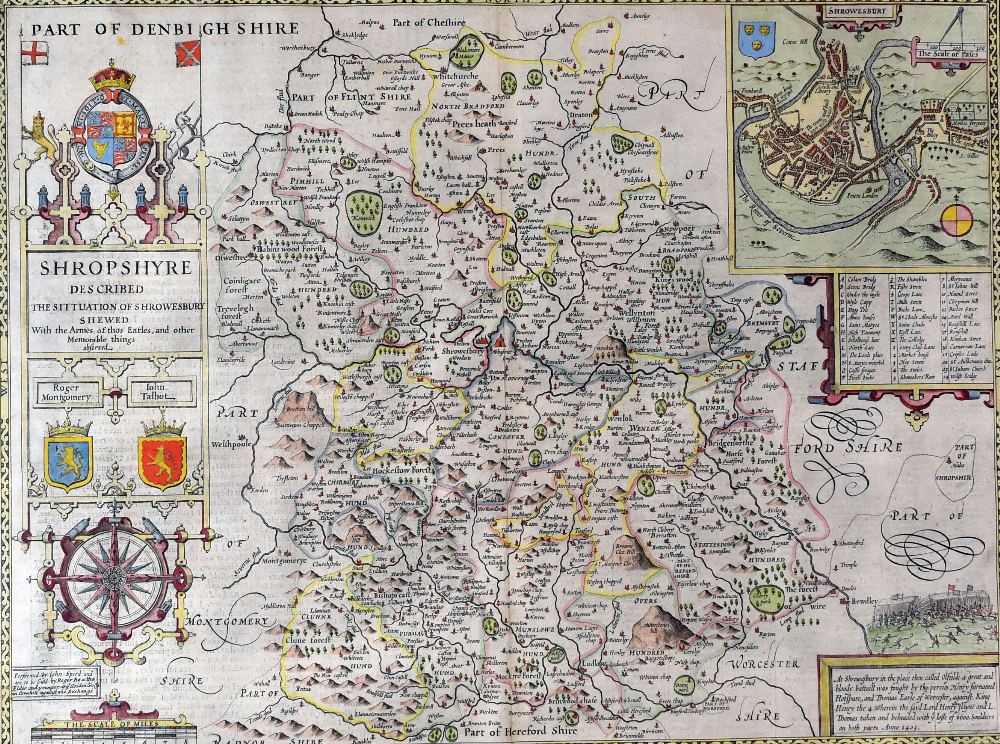 JOHN SPEED coloured map - 'Shropshyre - Described, The Situation of Shrowesbury', with coat-of