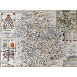 JOHN SPEED coloured map - 'Shropshyre - Described, The Situation of Shrowesbury', with coat-of