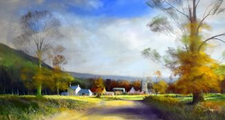 PAUL HARDY pastel - landscape with village and church, signed, 32 x 59cms