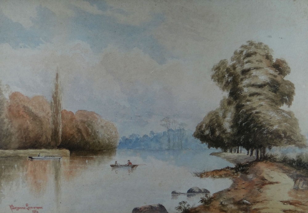 W. BERGONZIE LAMARQUE a pair of watercolours - barge on canal and fisherman in boats on river, - Image 2 of 2