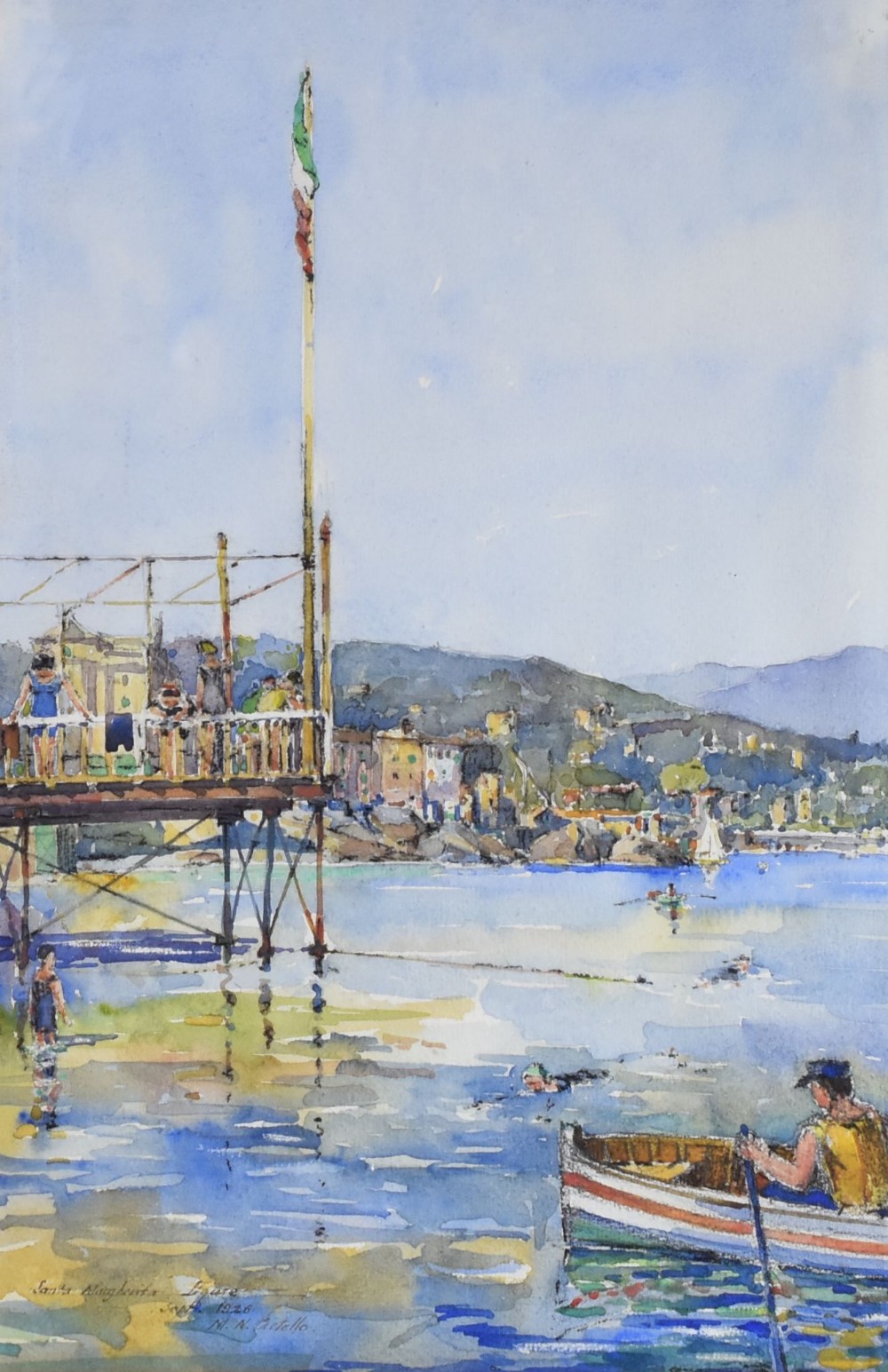 M N CASTELLO watercolour - Continental lake scene with rowing boat, figures and jetty, 38 x 25cms