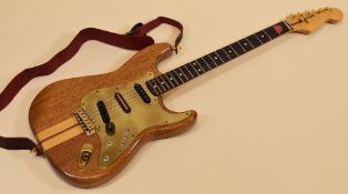 UNKNOWN MAKE ELECTRIC GUITAR varnish wood with brass scratchplate, cased, 98cms long