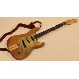 UNKNOWN MAKE ELECTRIC GUITAR varnish wood with brass scratchplate, cased, 98cms long