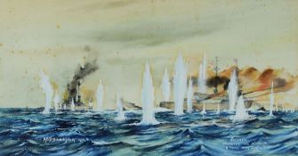 A F D BANNISTER watercolour - portrayal of WWI sea-battle, entitled 'Jutland Warspite and Warrior