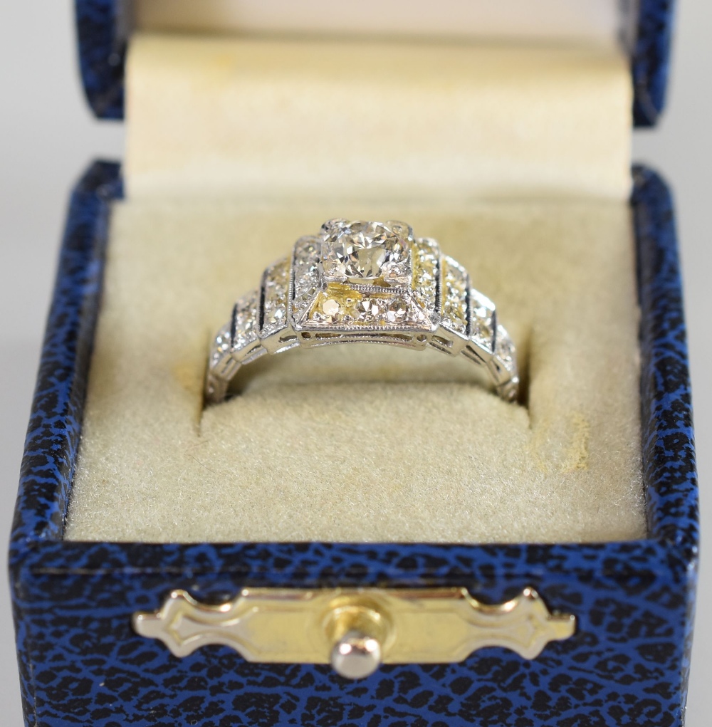 A PLATINUM ART DECO DIAMOND RING with stepped mount, the centre raised diamond 0.55cts approx ( - Image 3 of 3