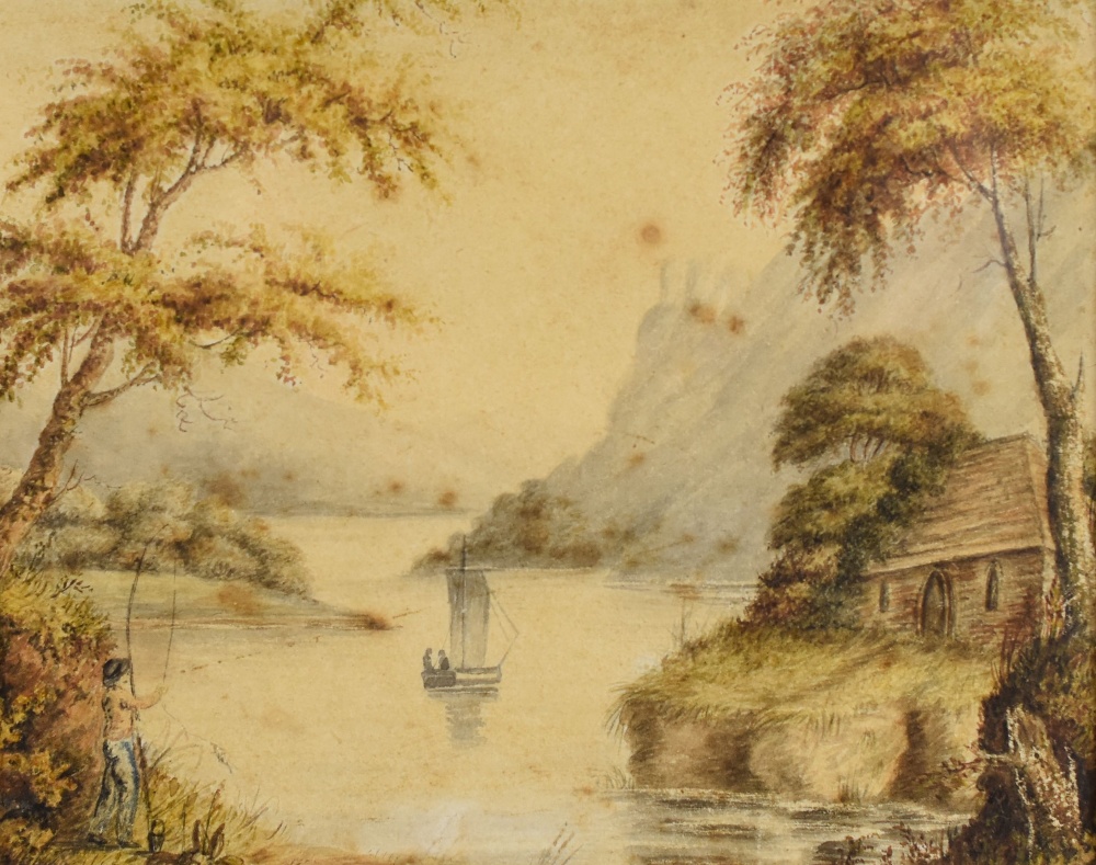 LATE EIGHTEENTH / EARLY NINETEENTH CENTURY ENGLISH SCHOOL watercolour - river scene with fisherman