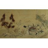 CHINESE SCHOOL watercolour - two males wrestling with a bull, unsigned, 17 x 28cms
