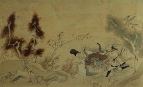 CHINESE SCHOOL watercolour - two males wrestling with a bull, unsigned, 17 x 28cms