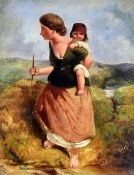 NINETEENTH CENTURY ENGLISH SCHOOL oil on board - peasant woman walking with child on back in