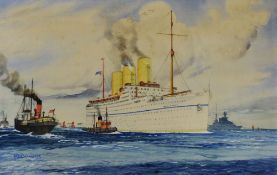 A F D BANNISTER watercolour - ship portrait of a three funnel liner 'Empress of Britain', signed and