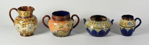 FOUR ITEMS OF DOULTON STONEWARE comprising matching Royal Doulton sucrier and jug, Doulton Lambeth