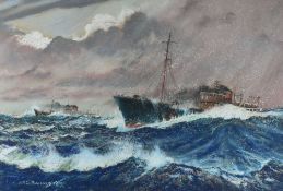 A F D BANNISTER pastel - merchant navy ships in high-seas, signed, 35 x 52cms