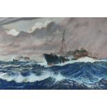 A F D BANNISTER pastel - merchant navy ships in high-seas, signed, 35 x 52cms