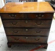 A GOOD NINETEENTH CENTURY CHEST of three long and two short drawers on bracket feet with brass