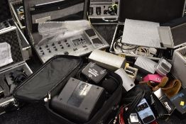 A PARCEL OF VARIOUS CASED GUITAR EQUIPMENT including leads, mics, wah wah pedals and wireless