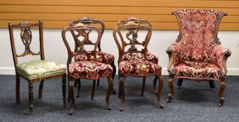 A COLLECTION OF MIXED CHAIRS including a set of four Victorian rosewood drawing room chairs, a