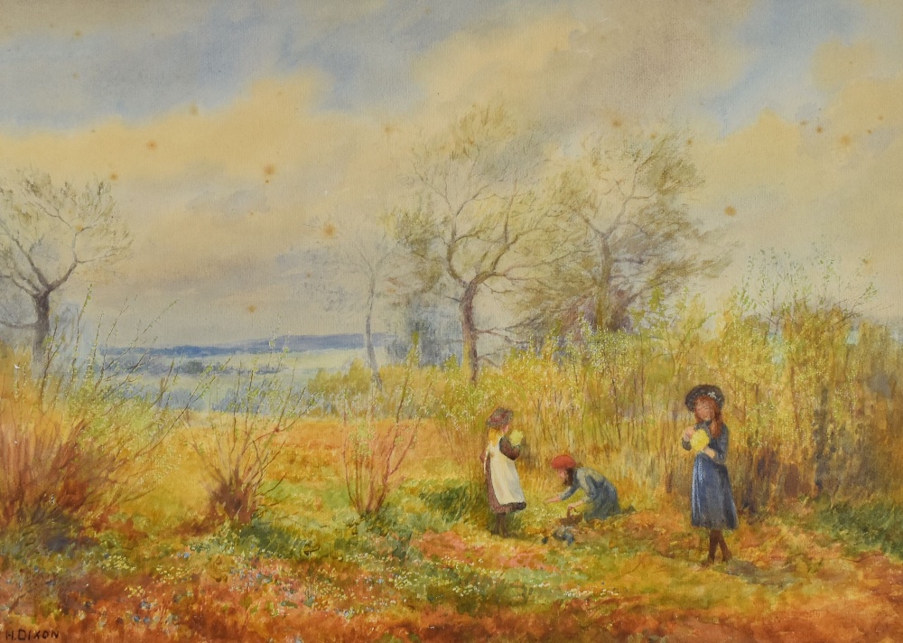 H DIXON watercolour - three girls picking flowers, signed, 34 x 46cms (Condition: foxing)