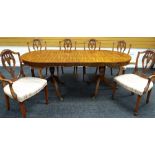 A REPRODUCTION MAHOGANY REGENCY-STYLE DINING SUITE comprising inlaid oval table and four + two