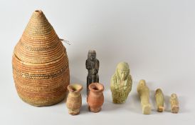 A PARCEL OF ARCHAIC POTTERY including green Egypitan Shabti, black Egyptian figure, two vases etc