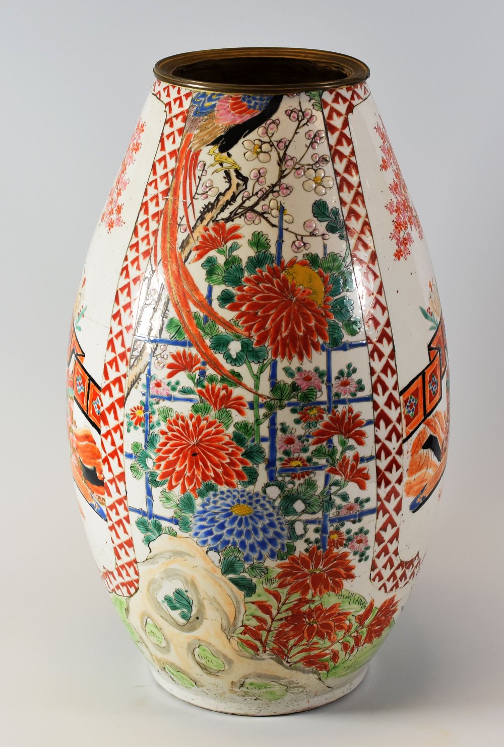 A JAPANESE ENAMELLED CERAMIC VASE decorated with two panels of climbing plants and two panels of - Image 2 of 2