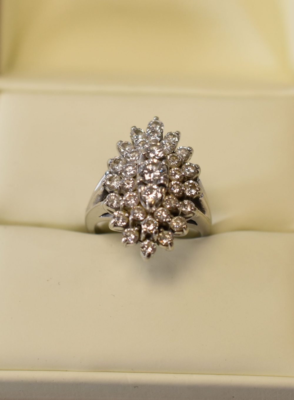 A 14CT WHITE GOLD DIAMOND CLUSTER RING of marquise form with 34 diamonds, 9.3gms - Image 2 of 3