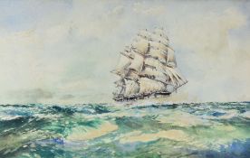 MARITIME SCHOOL watercolour - tall ship with many sails at sea, unsigned, 30 x 47cms