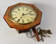 AN HEXAGONAL WEIGHT DRIVEN WALL CLOCK having brass and mother-of-pearl inlay to the rosewood case,