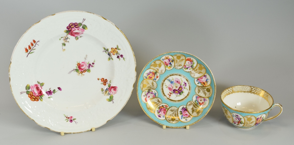 A PORCELAIN PLATE TOGETHER WITH CUP & SAUCER, the plate in the manner of Coalport with moulded