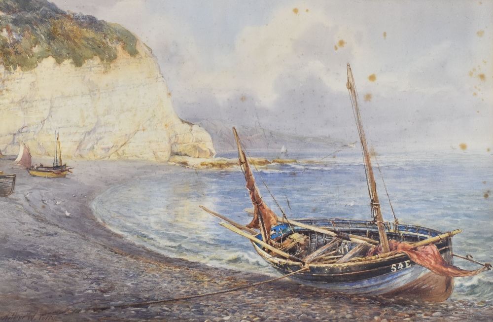 ARTHUR W PERRY watercolour - beached sailing boat and limestone cliffs, signed, 34 x 51cms (