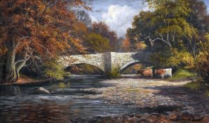 SYDNEY M BROAD oil on canvas - cows on a river bank, entitled verso 'Cefn Mably Bridge', signed,