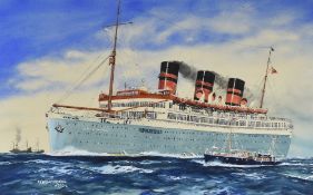 A F D BANNISTER watercolour - ship portrait of the three funnel liner 'Queen of Bermuda', signed, 33