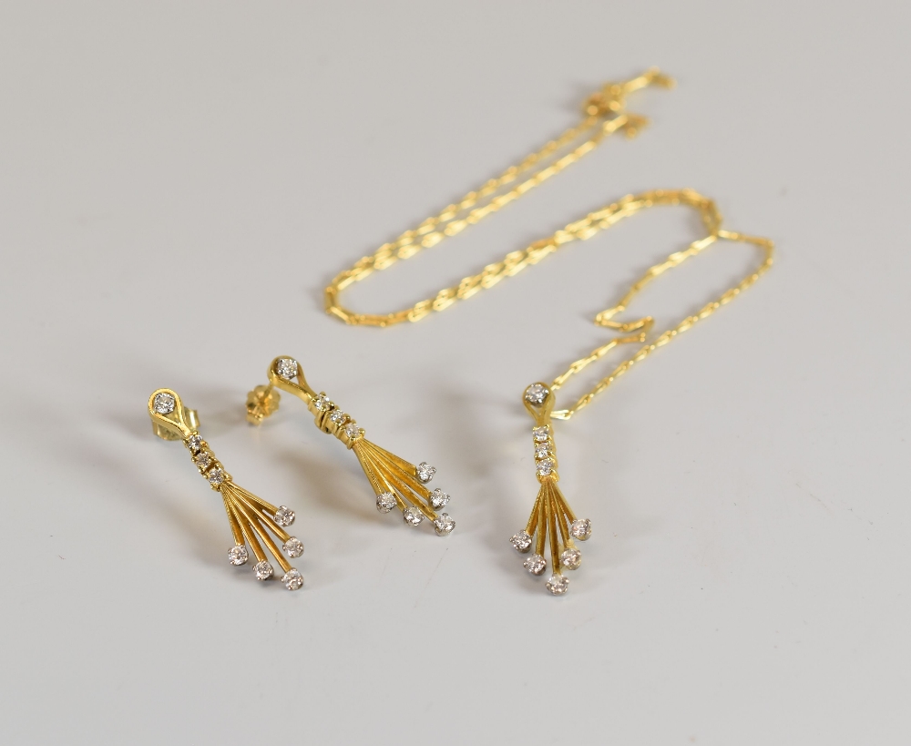 A MATCHING SET OF 18CT YELLOW GOLD DIAMOND PENDANT, NECKLACE & EARRINGS by Christopher Wharton,