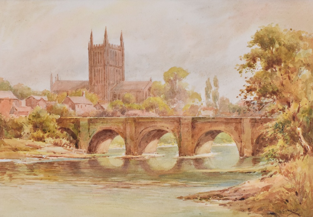 G GOODALL watercolour - river Wye and bridge with Cathedral, title to mount 'Hereford Cathedral',