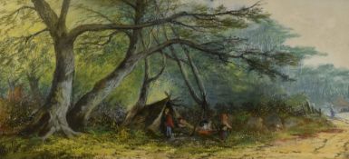 M BATES pastel, a pair - landscapes, one with camp, signed and dated 1880, 24 x 52cms