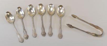 A LOOSE SET OF SIX SILVER SPOONS & TONGS monogrammed, finely shaped and relief decorated, London