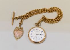 A GOLD FILLED WALTHAM OPEN POCKET-WATCH & CHAIN having white enamel dial bearing Arabic numerals and