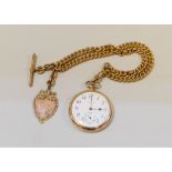 A GOLD FILLED WALTHAM OPEN POCKET-WATCH & CHAIN having white enamel dial bearing Arabic numerals and