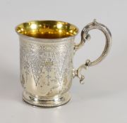 A SILVER CHRISTENING CUP with engraved body and single scrolled handle, London 1875, Mappin &