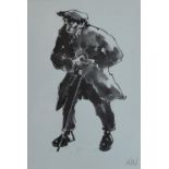 SIR KYFFIN WILLIAMS RA framed print, possibly from a greeting card - standing farmer, 19 x 13cms