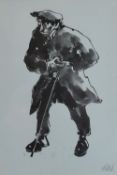 SIR KYFFIN WILLIAMS RA framed print, possibly from a greeting card - standing farmer, 19 x 13cms