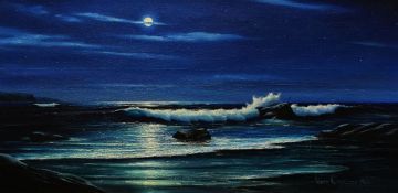 PETER COSSLETT oil on board - night time coastal scene with moonlit waves, signed and dated 1968, 50