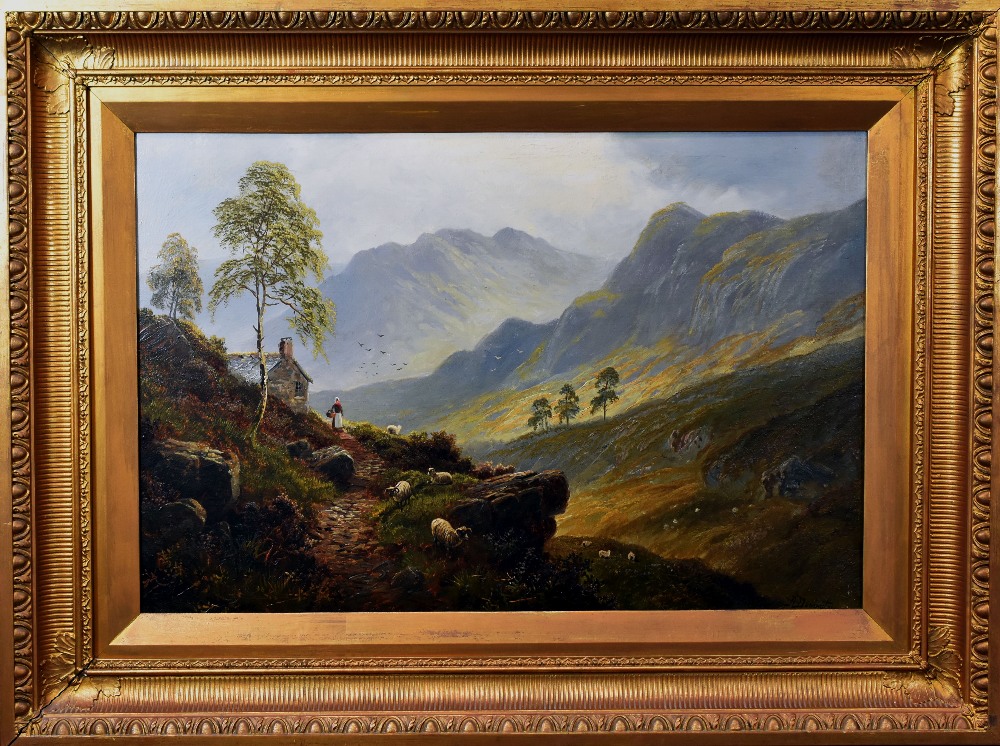 ALBERT DUNINGTON oil on canvas - mountainous landscape, believed Scottish Highlands, with cottage, - Image 2 of 2