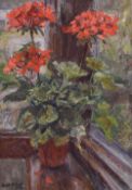 JOAN OXLAND oil on board - flowers in a windowsill, signed and dated 1994, 49 x 34cms