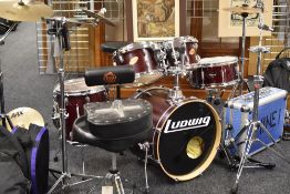 A LUDWIG SIX-PIECE DRUM KIT plus two others including carry cases together with a parcel of