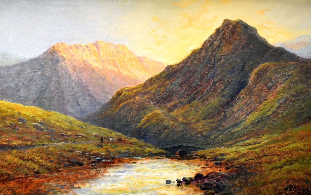 ALFRED FONTVILLE DE BREANSKI oil on canvas - Highland landscape in soft sunlight with drover and
